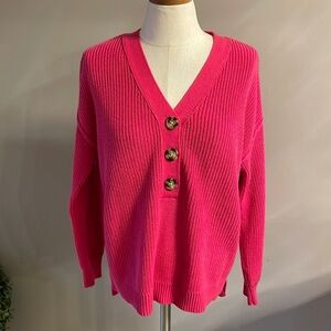 Rachael Zoe OVERDIZED fuschia sweater knit V neck half button front cotton Small